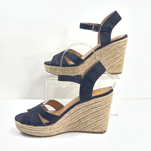 American Eagle Wedge Sandals Womens 7 Black Faux Suede Espadrille Ankle Strap - Picture 3 of 12